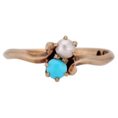 Anello di fidanzamento antico vittoriano in oro giallo con perle e turchesi