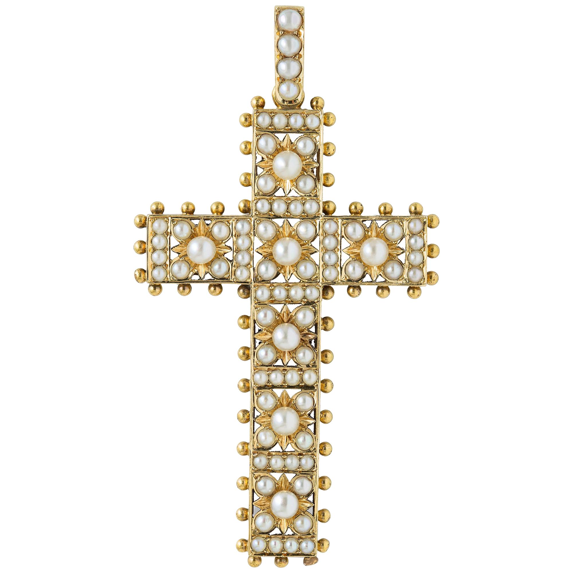 Pendentif croix victorien en or jaune et perles