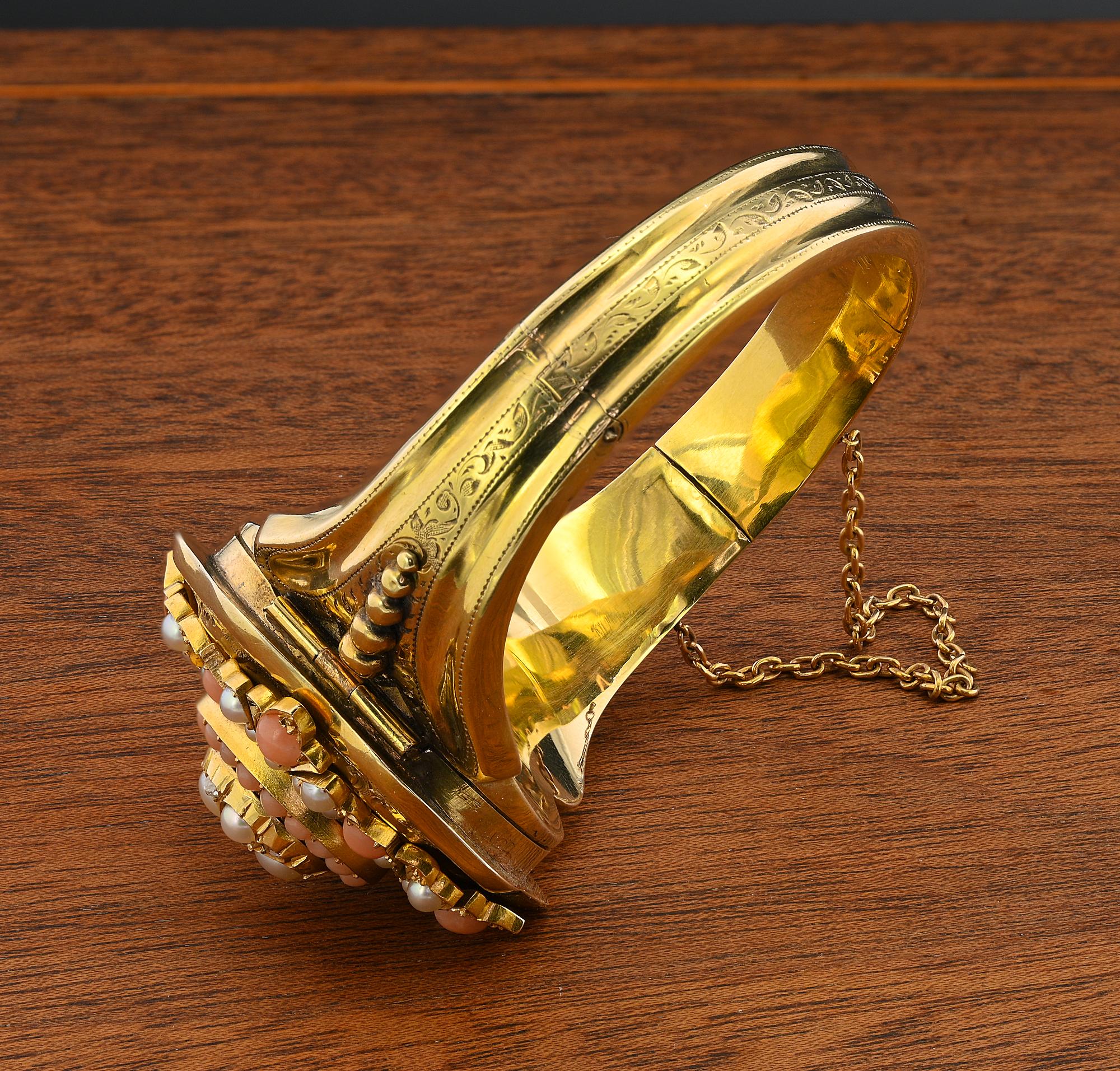 Bracelet jonc fleur victorien en perles, corail et diamants 18 carats en vente 6