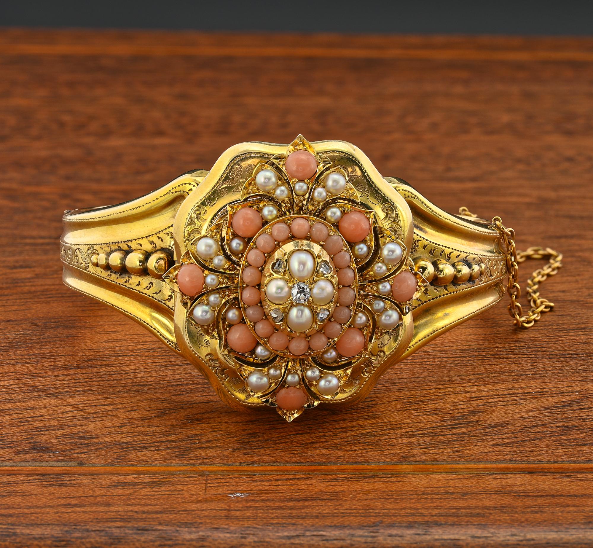 Fascinating romantic example of antique bangle, engraved inside 10th April 1856 – hand crafted of solid 18 KT gold – English origin
Beautiful carved flower design center piece, decorated with natural split pearls of special orient sheen, pastel
