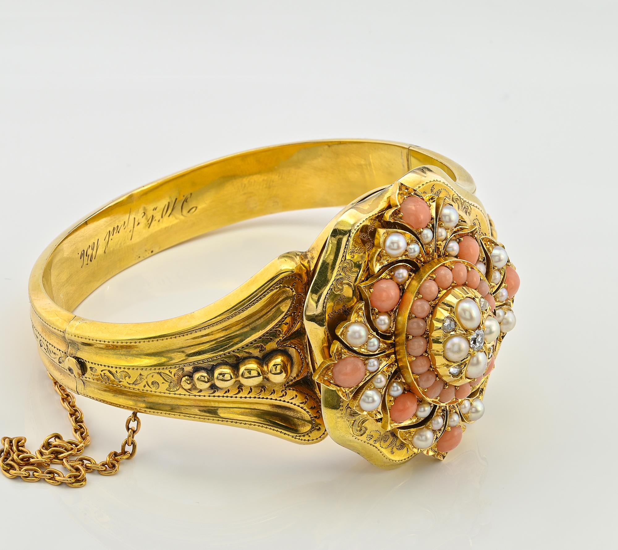 High Victorian Victorian Pearl Coral Diamond Locket Flower Bangle 18 KT For Sale