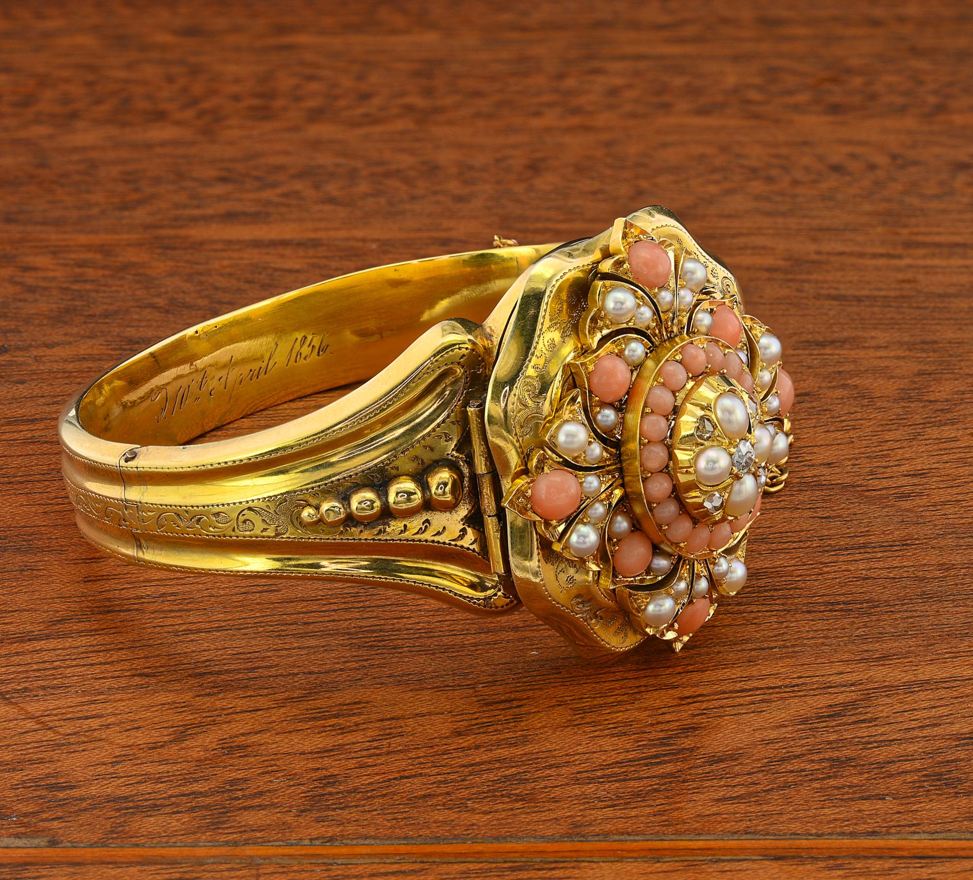 Old Mine Cut Victorian Pearl Coral Diamond Locket Flower Bangle 18 KT For Sale