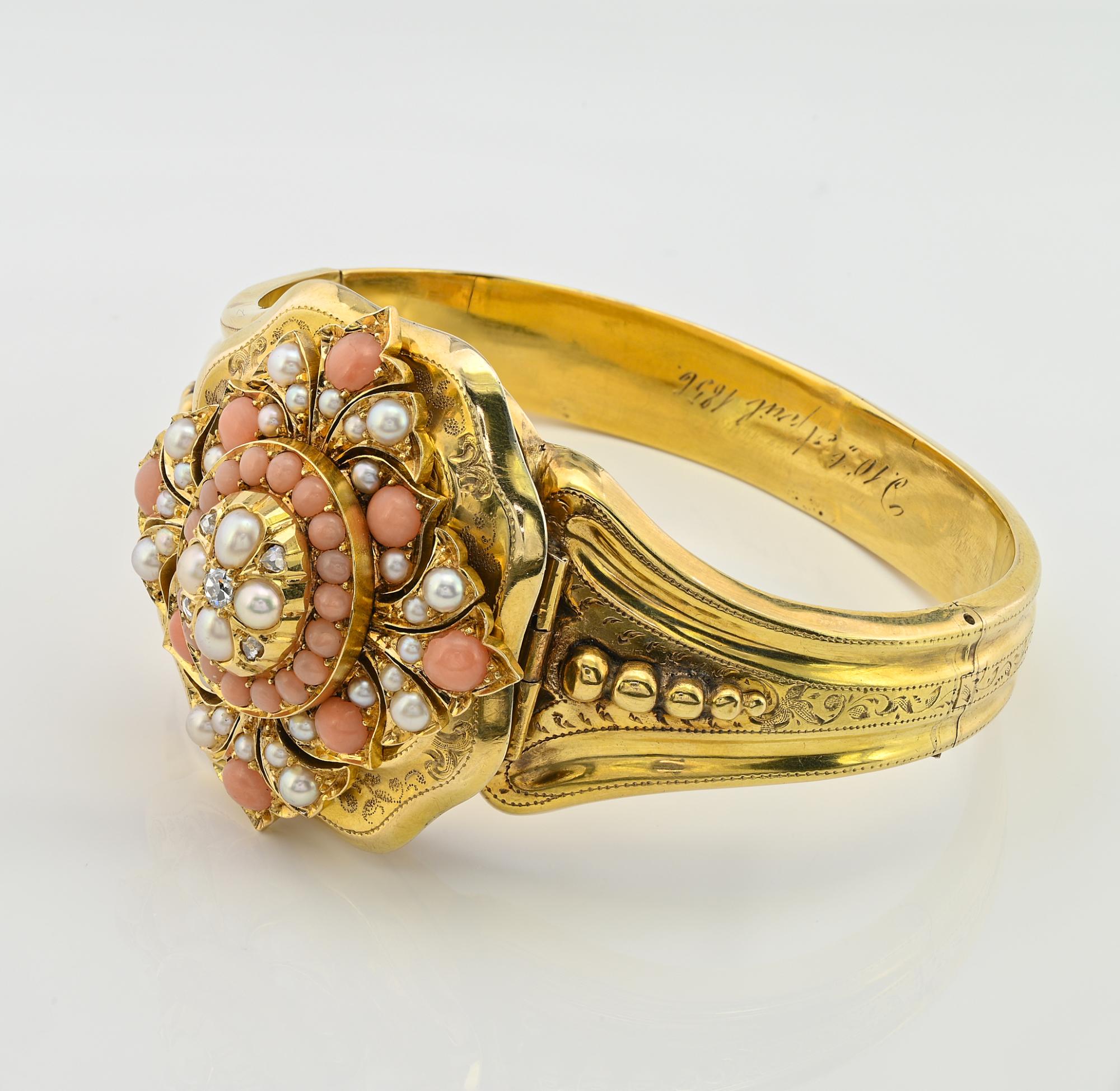 Victorian Pearl Coral Diamond Locket Flower Bangle 18 KT In Good Condition For Sale In Napoli, IT