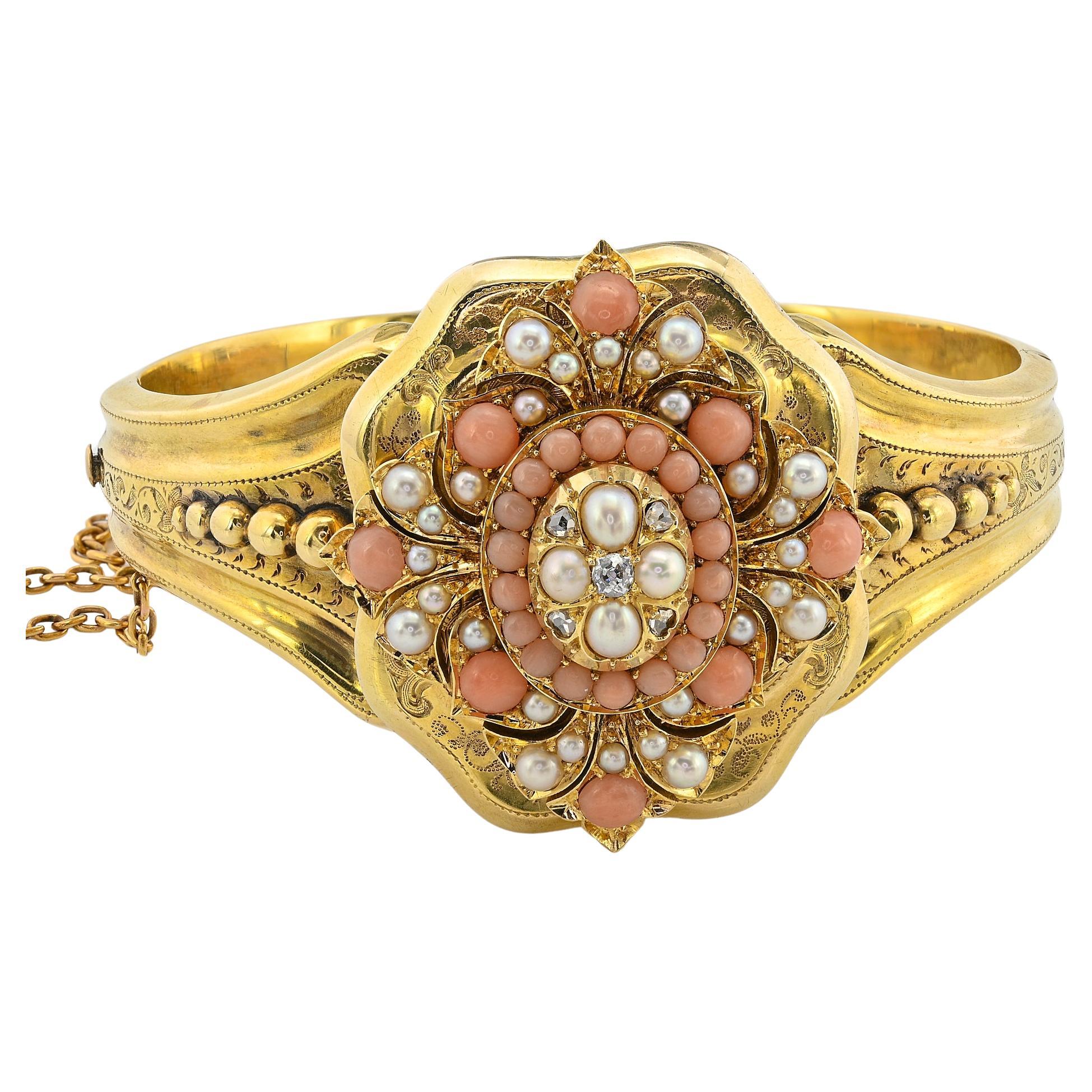 Victorian Pearl Coral Diamond Locket Flower Bangle 18 KT For Sale