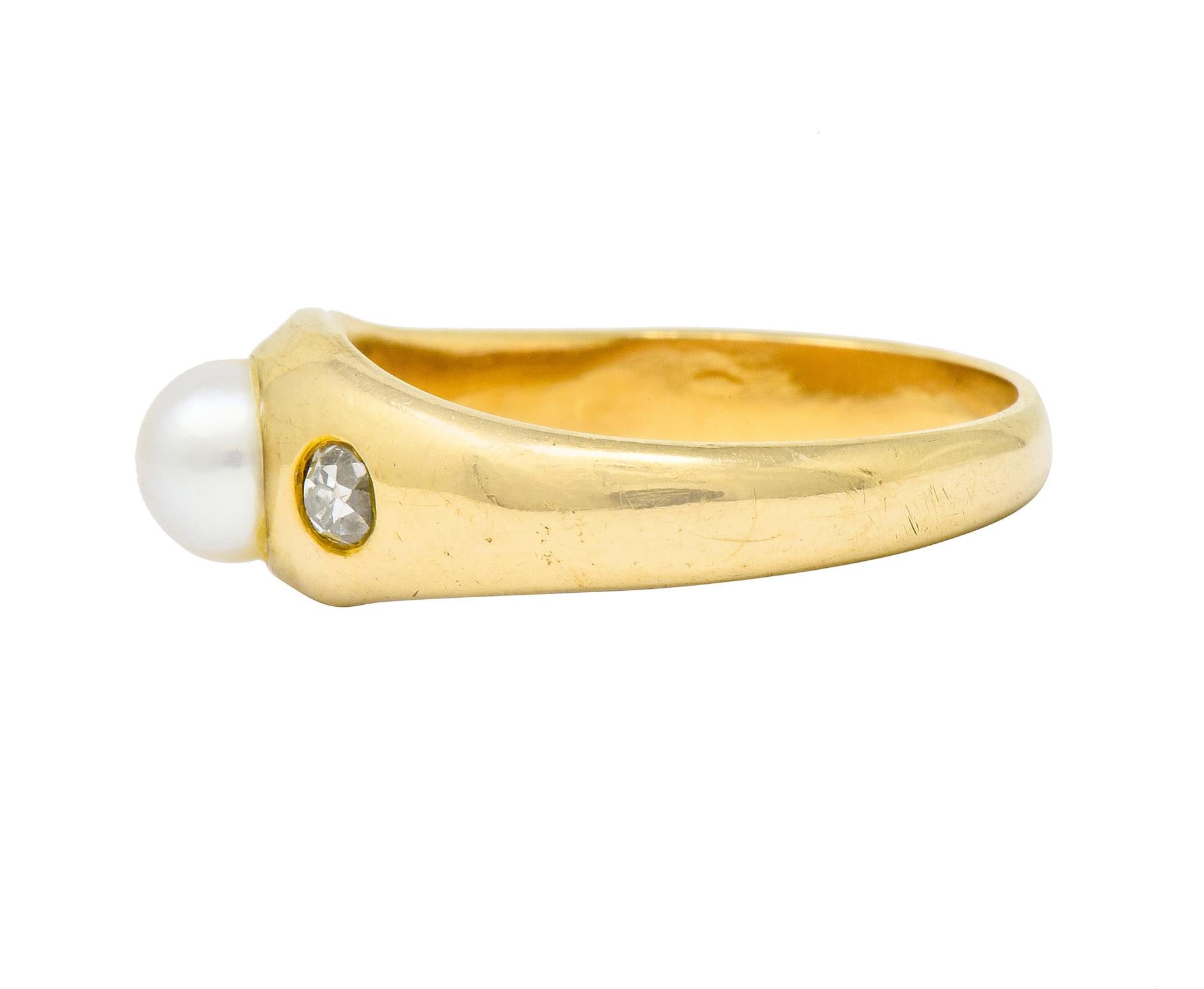 Women's or Men's Victorian Pearl Diamond 14 Karat Gold Three-Stone Gypsy Ring