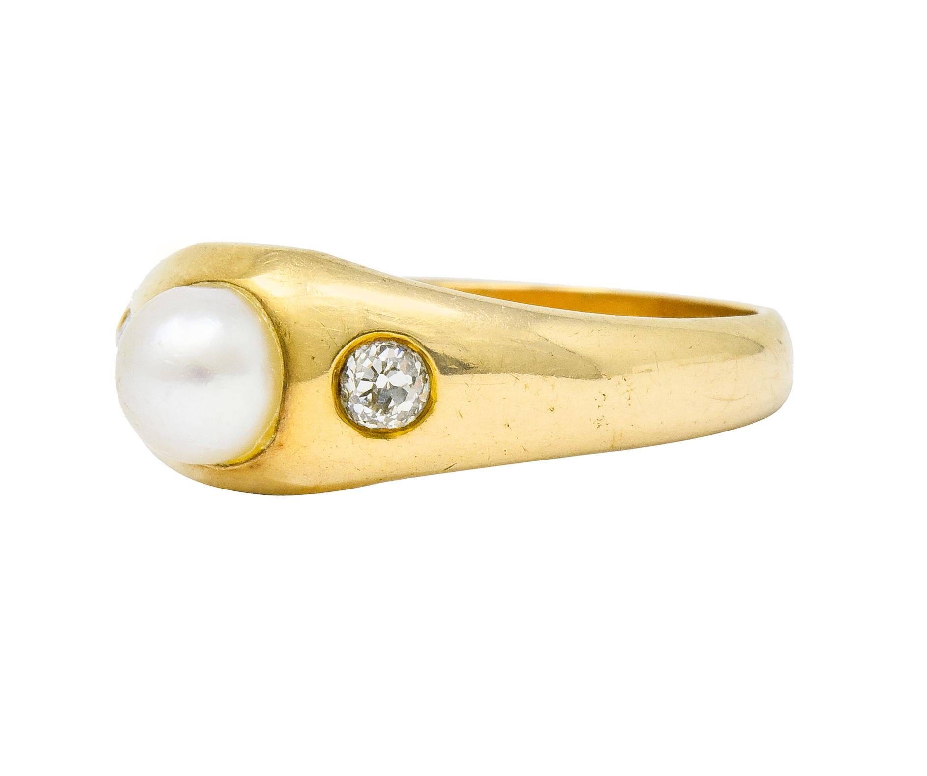 Victorian Pearl Diamond 14 Karat Gold Three-Stone Gypsy Ring 1