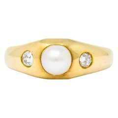 Antique Victorian Pearl Diamond 14 Karat Gold Three-Stone Gypsy Ring