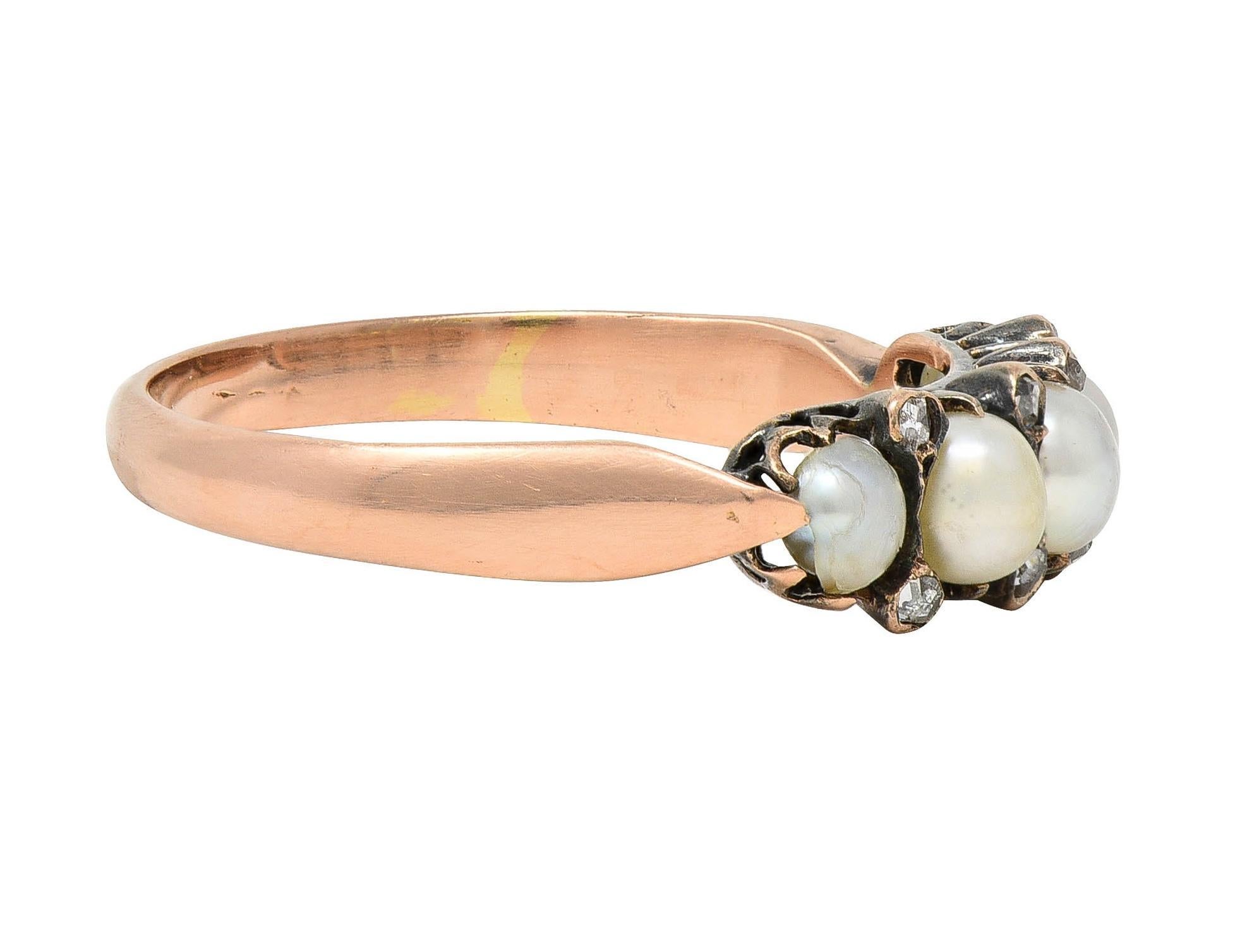 Round Cut Victorian Pearl Diamond 14 Karat Rose Gold Antique Band Ring For Sale