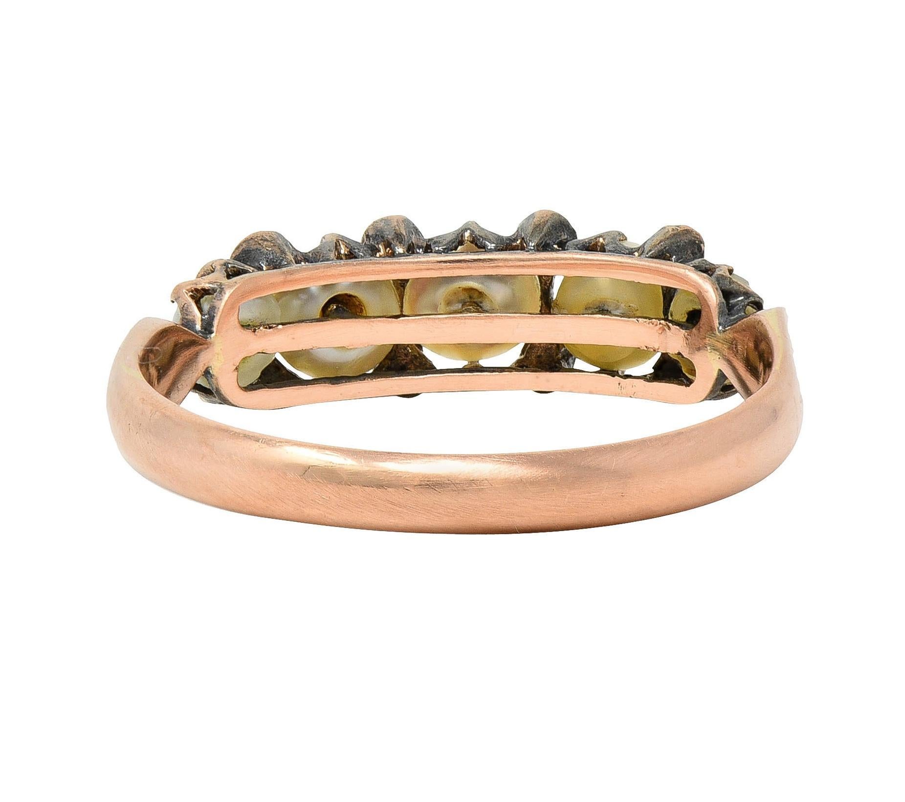 Victorian Pearl Diamond 14 Karat Rose Gold Antique Band Ring In Excellent Condition For Sale In Philadelphia, PA