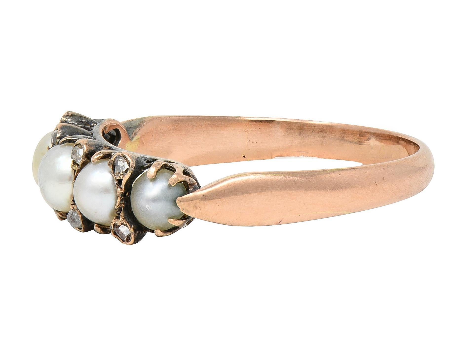 Women's or Men's Victorian Pearl Diamond 14 Karat Rose Gold Antique Band Ring For Sale