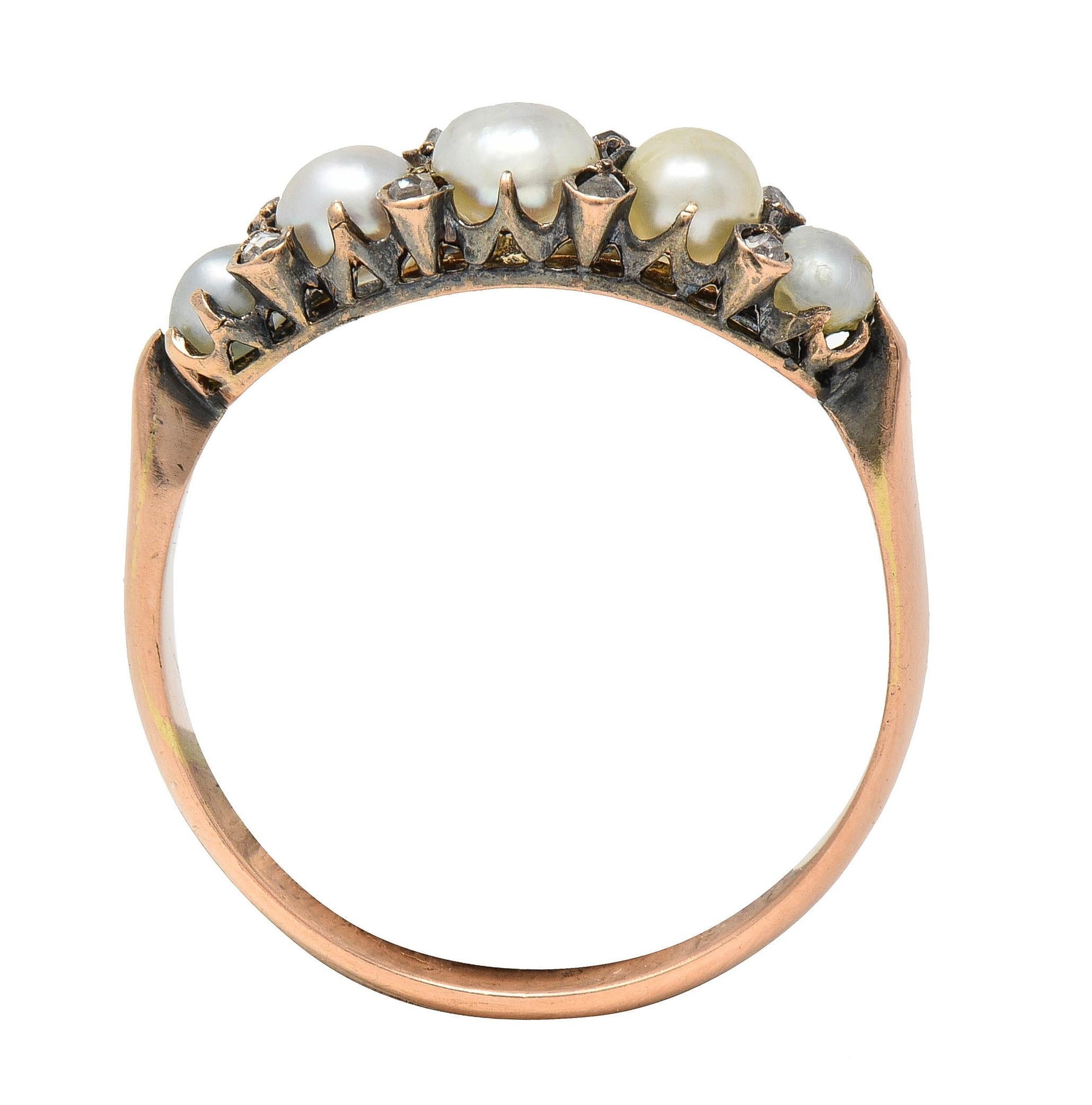Victorian Pearl Diamond 14 Karat Rose Gold Antique Band Ring For Sale 1