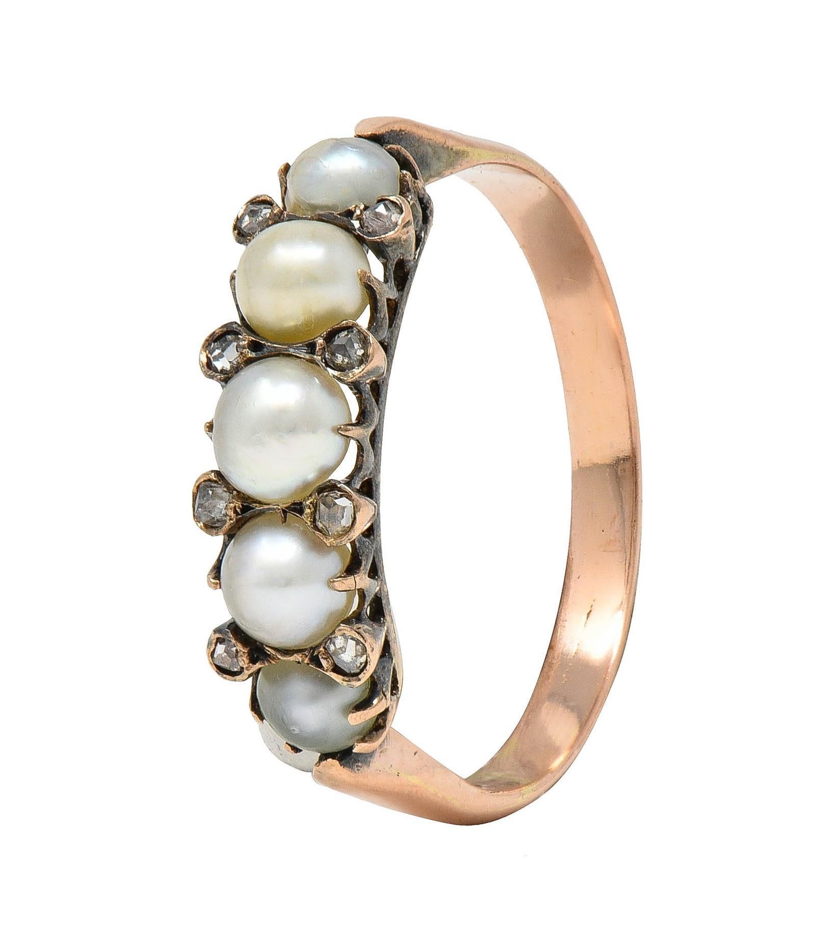 Victorian Pearl Diamond 14 Karat Rose Gold Antique Band Ring For Sale 2