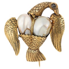Victorian pearl diamond 14k yellow gold bird brooch