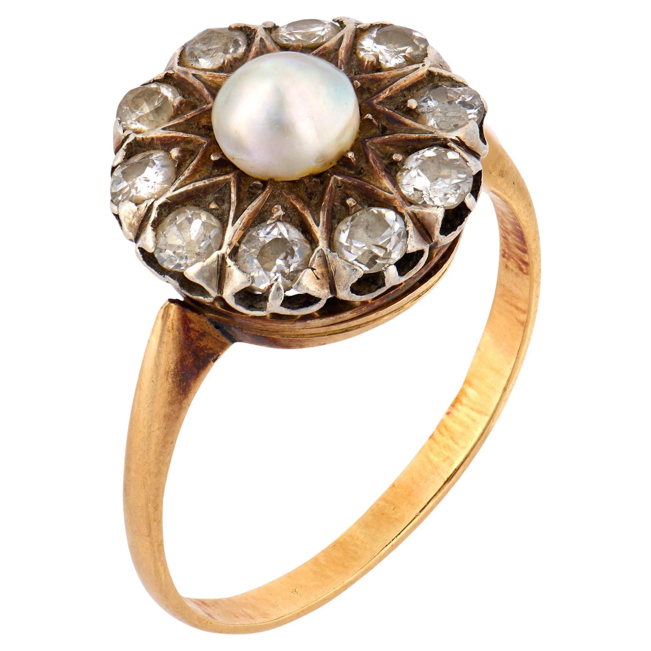 Victorian pearl diamond 14k yellow gold cluster ring