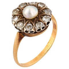 Victorian pearl diamond 14k yellow gold cluster ring