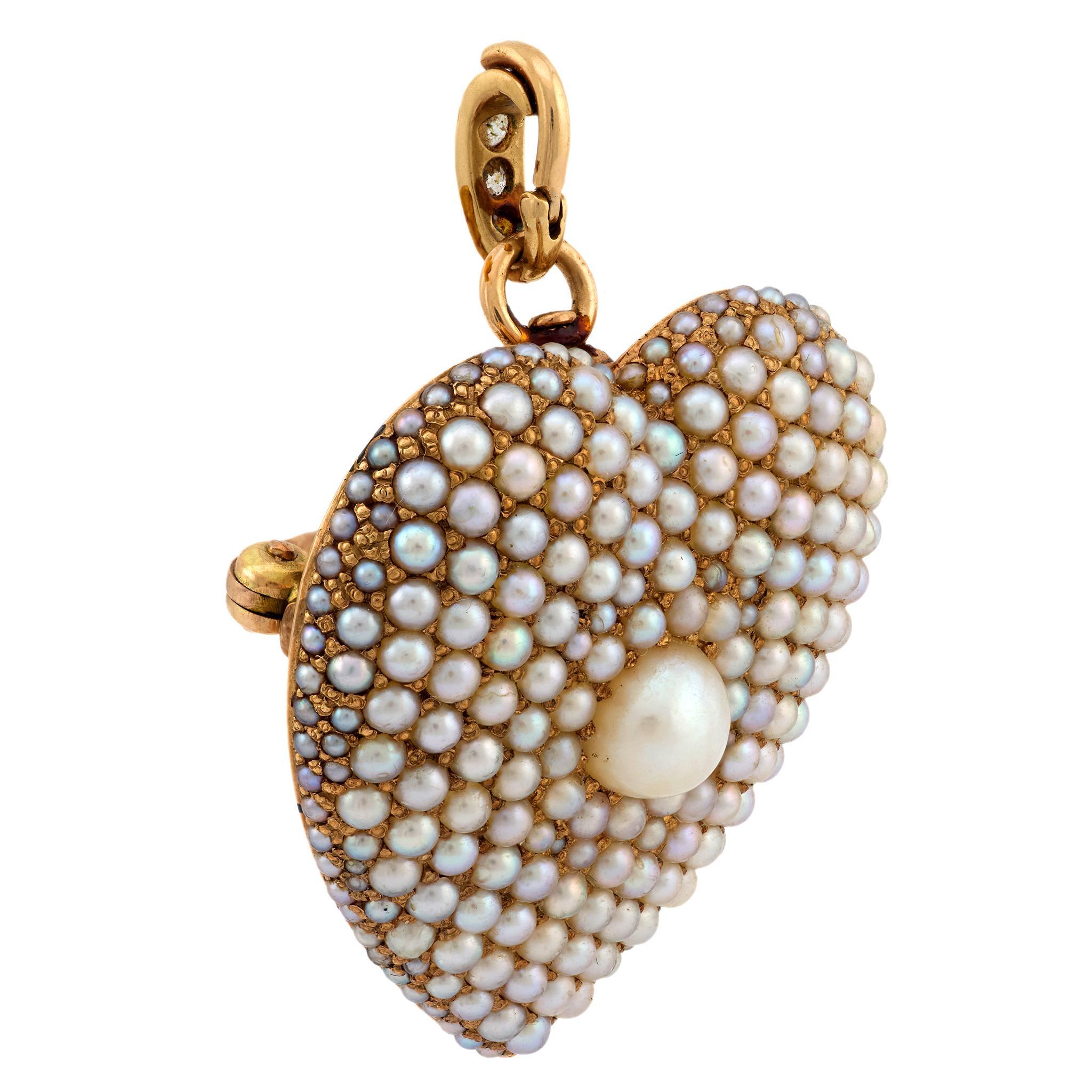 Broche victoriano colgante corazón perla diamante oro amarillo 14k Victoriano en venta