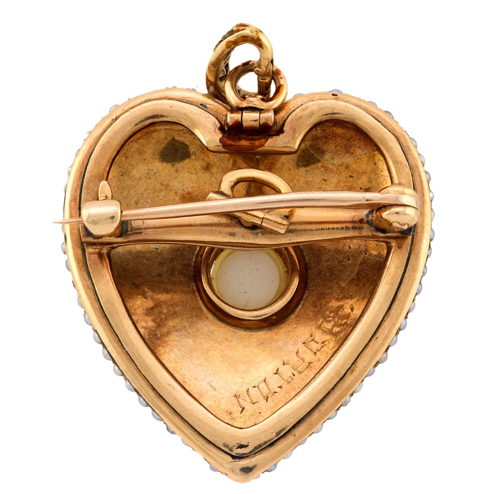 Broche victoriano colgante corazón perla diamante oro amarillo 14k Corte redondo en venta