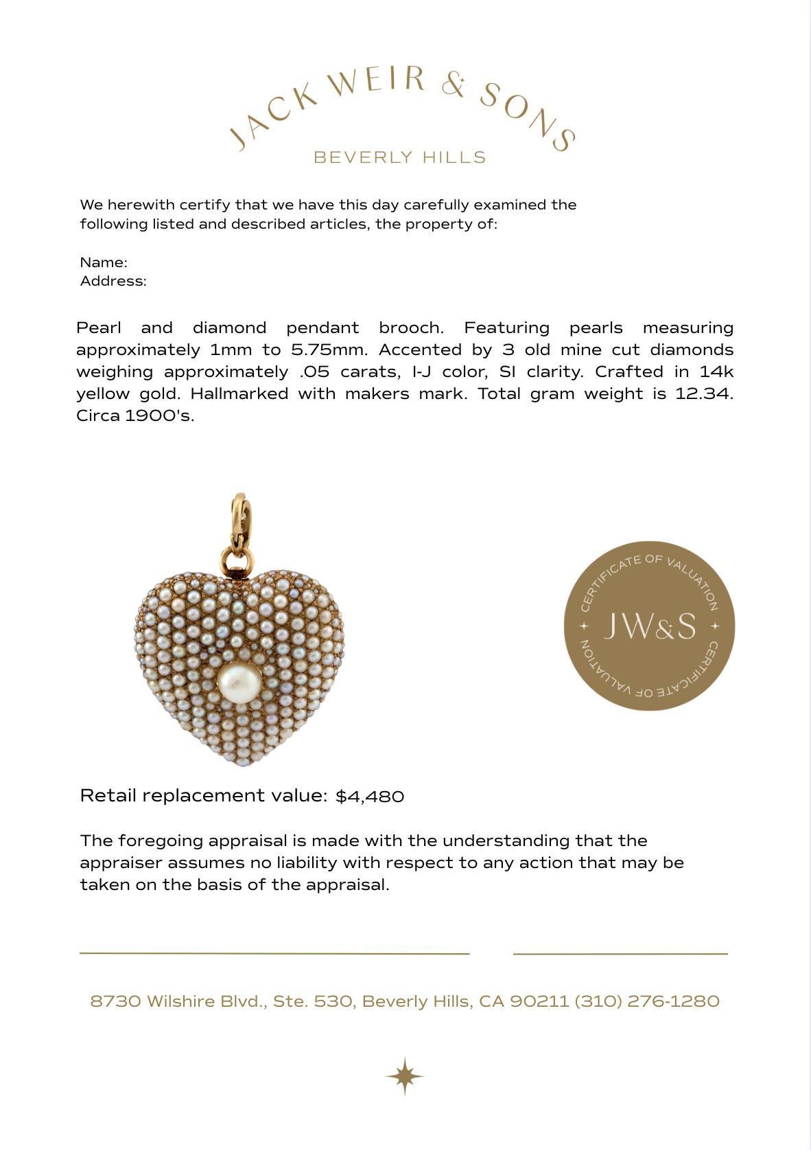Broche victoriano colgante corazón perla diamante oro amarillo 14k en Bueno estado para la venta en Beverly Hills, CA