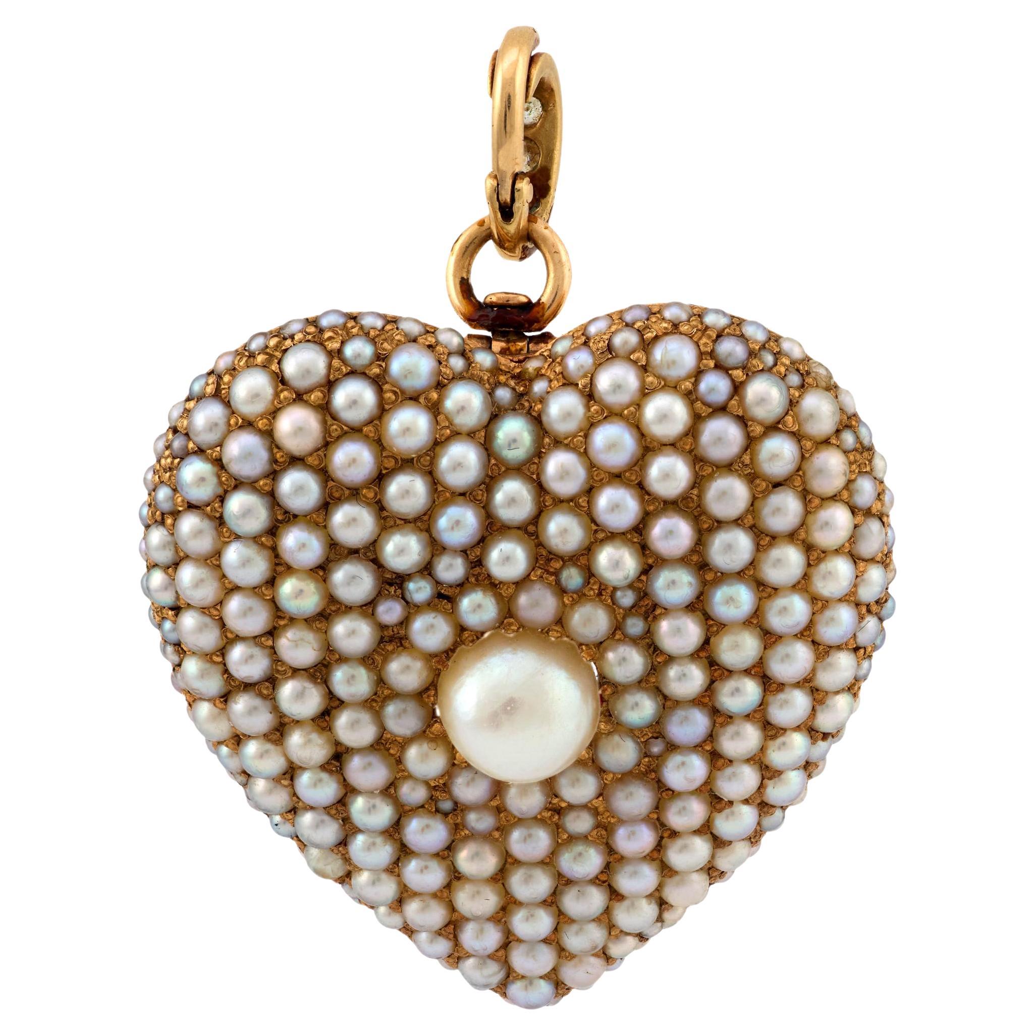 Broche victorienne en or jaune 14k avec pendentif en forme de coeur en perle et diamant