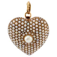 Viktorianische Perle Diamant 14k Gelbgold Herz Anhänger Brosche