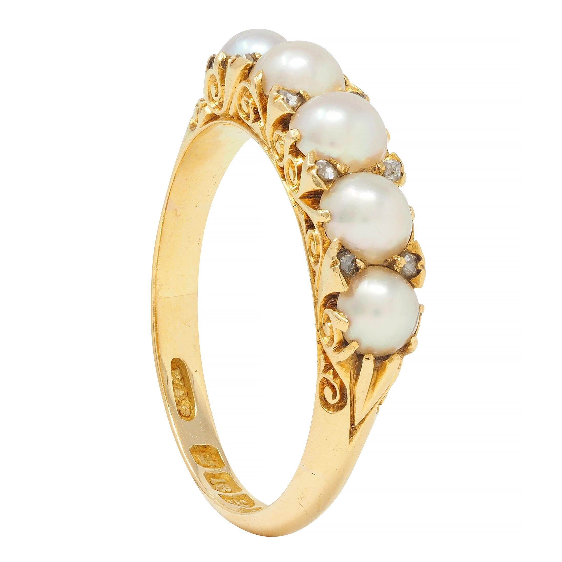 Victorian Pearl Diamond 18 Karat Yellow Gold Scrolling Five Stone Band Ring For Sale 6