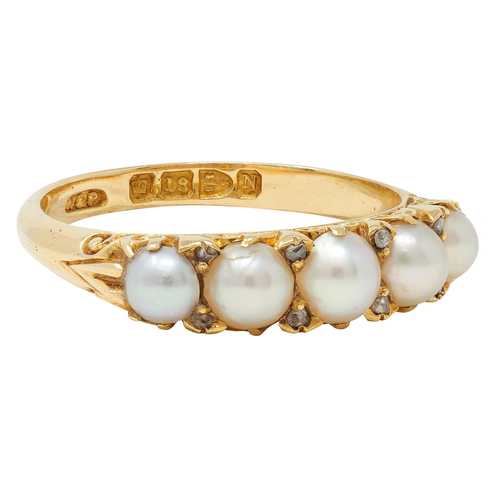 Featuring five graduated round pearls ranging from 3.5 to 4.5 mm 
Light cream and gray in body color with strong iridescence 
Prong set with rose cut diamonds bead set in-between
Weighing approximately 0.08 carat total - eye clean and
