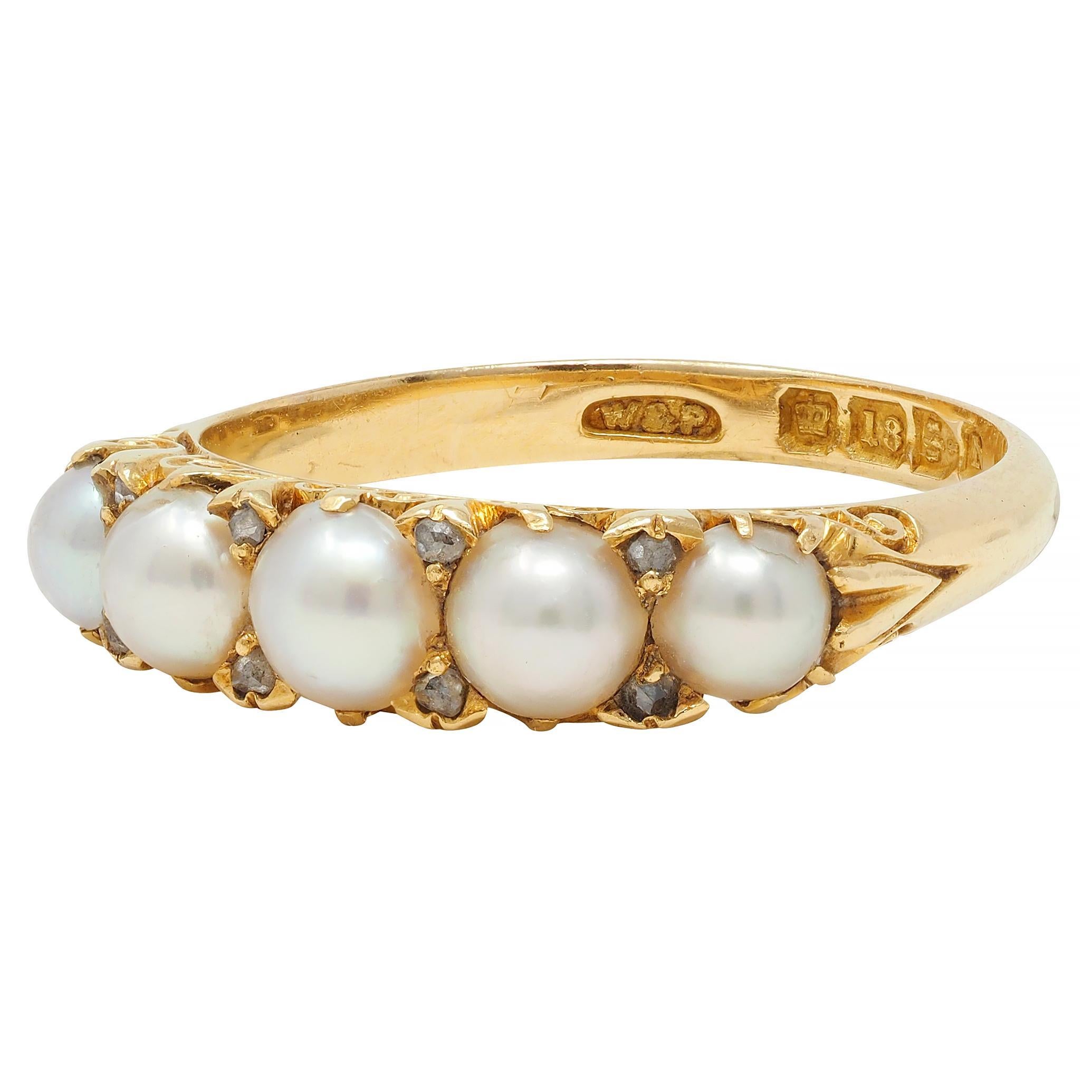 Victorian Pearl Diamond 18 Karat Yellow Gold Scrolling Five Stone Band Ring In Excellent Condition For Sale In Philadelphia, PA