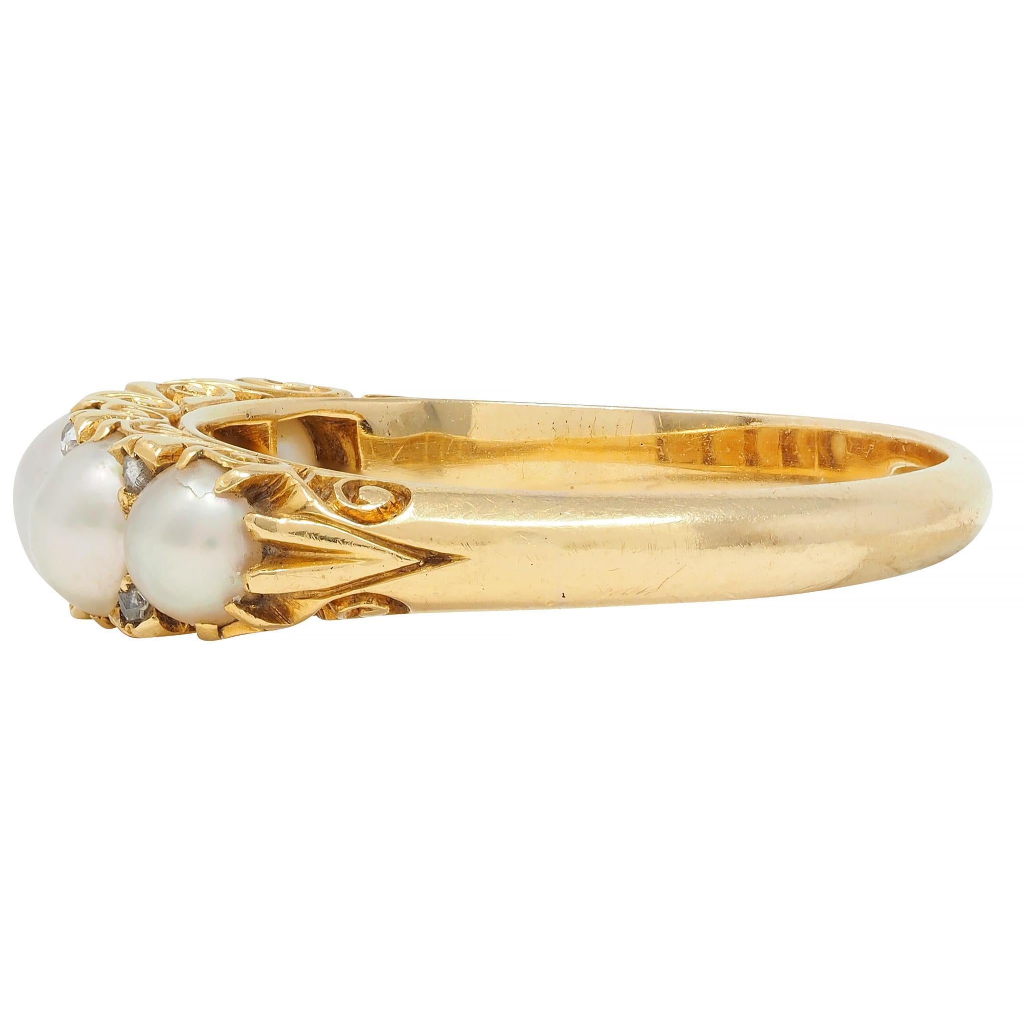 Women's or Men's Victorian Pearl Diamond 18 Karat Yellow Gold Scrolling Five Stone Band Ring For Sale