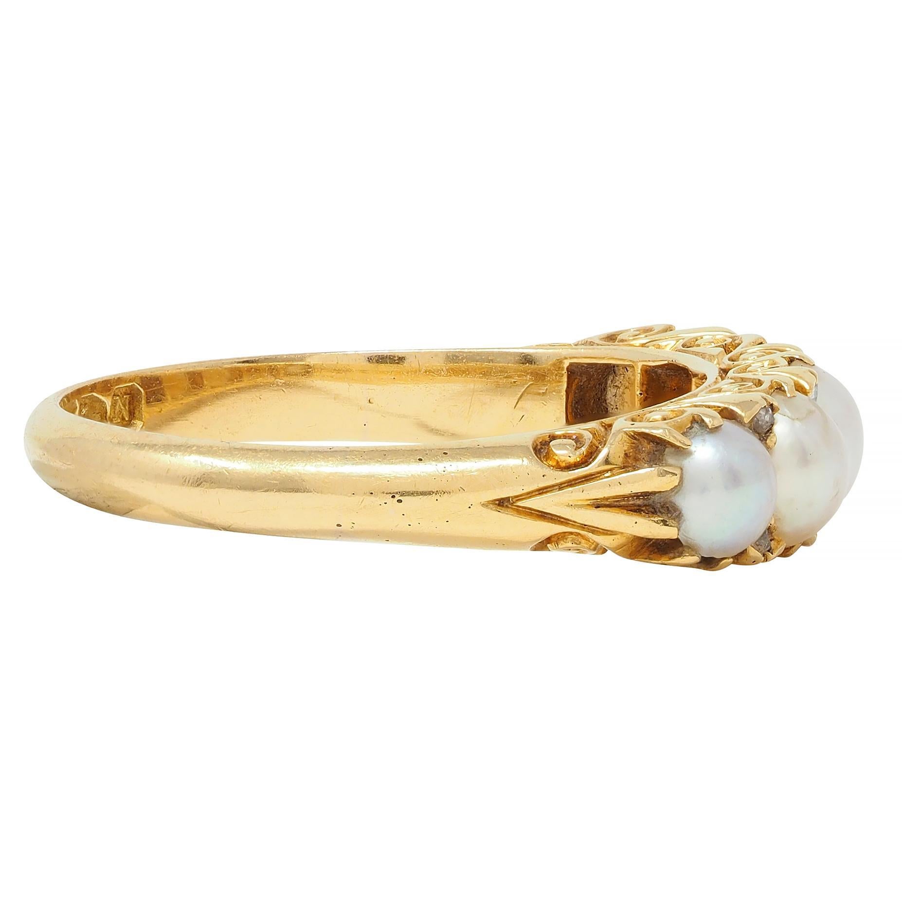 Victorian Pearl Diamond 18 Karat Yellow Gold Scrolling Five Stone Band Ring For Sale 1