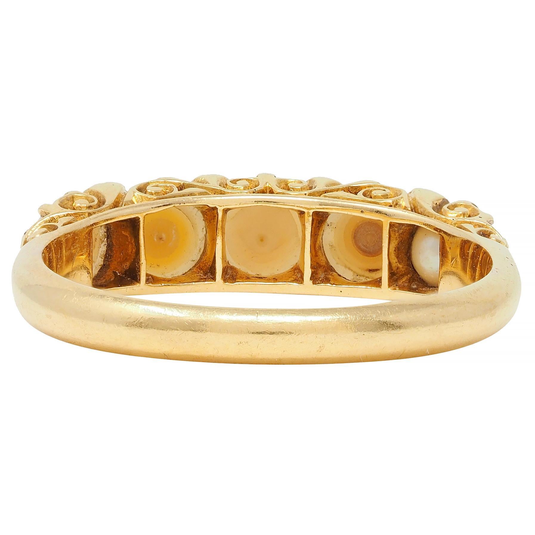 Victorian Pearl Diamond 18 Karat Yellow Gold Scrolling Five Stone Band Ring For Sale 2