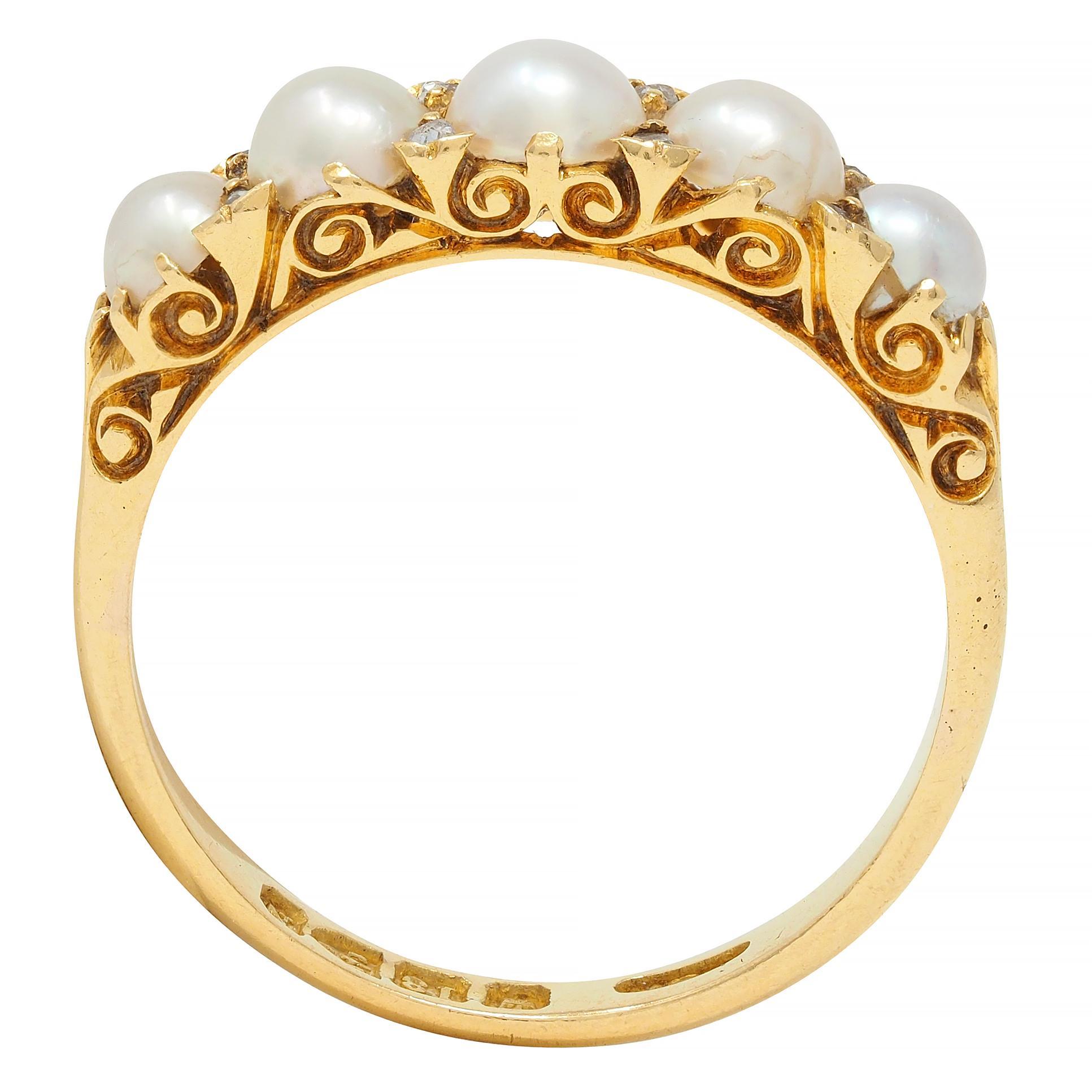 Victorian Pearl Diamond 18 Karat Yellow Gold Scrolling Five Stone Band Ring For Sale 3