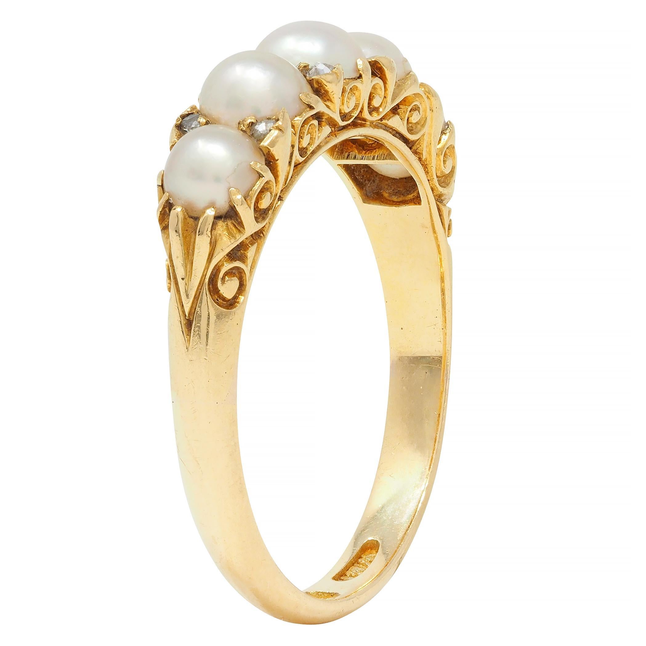 Victorian Pearl Diamond 18 Karat Yellow Gold Scrolling Five Stone Band Ring For Sale 4