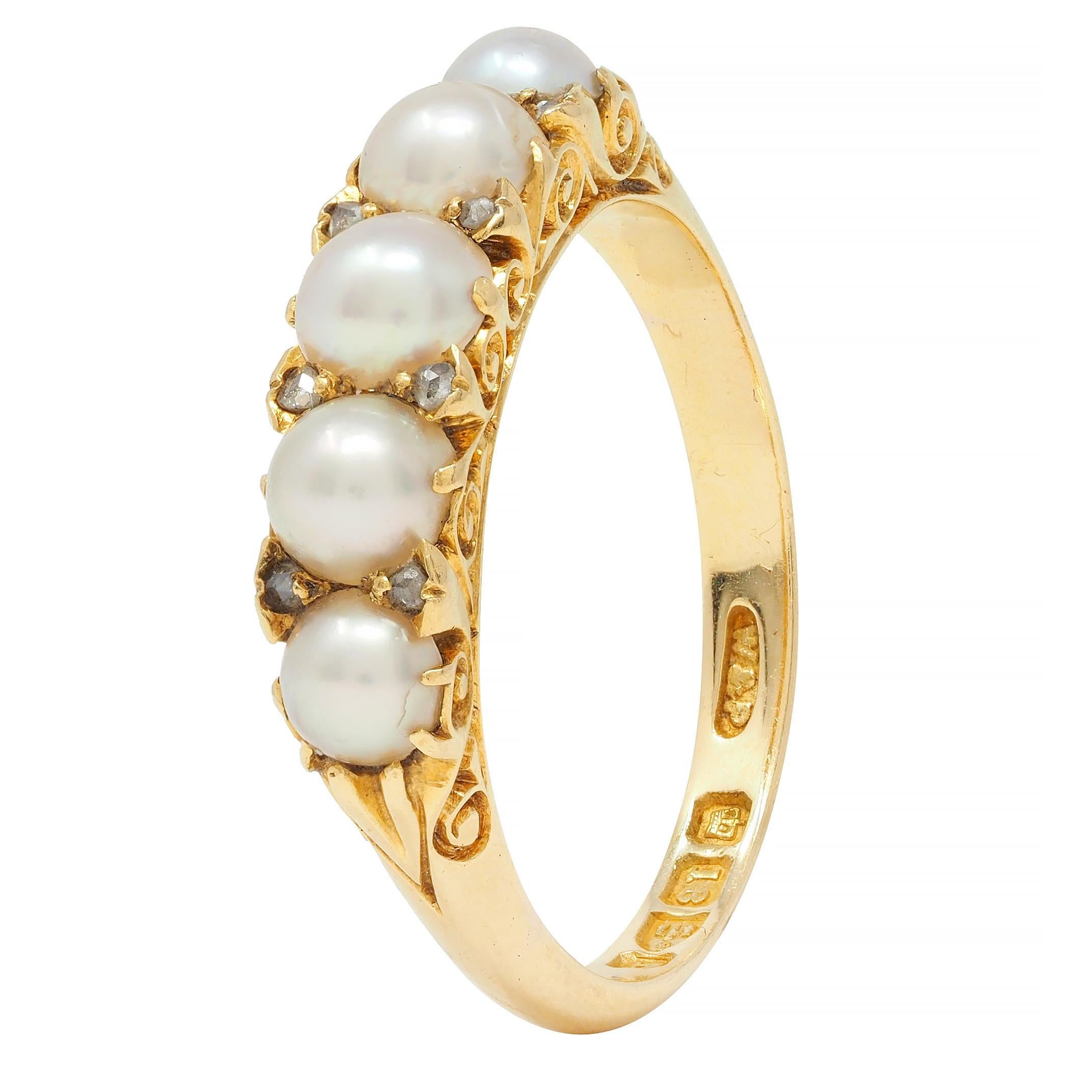 Victorian Pearl Diamond 18 Karat Yellow Gold Scrolling Five Stone Band Ring For Sale 5
