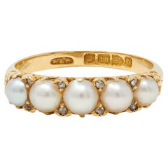 Victorian Pearl Diamond 18 Karat Yellow Gold Scrolling Five Stone Band Ring