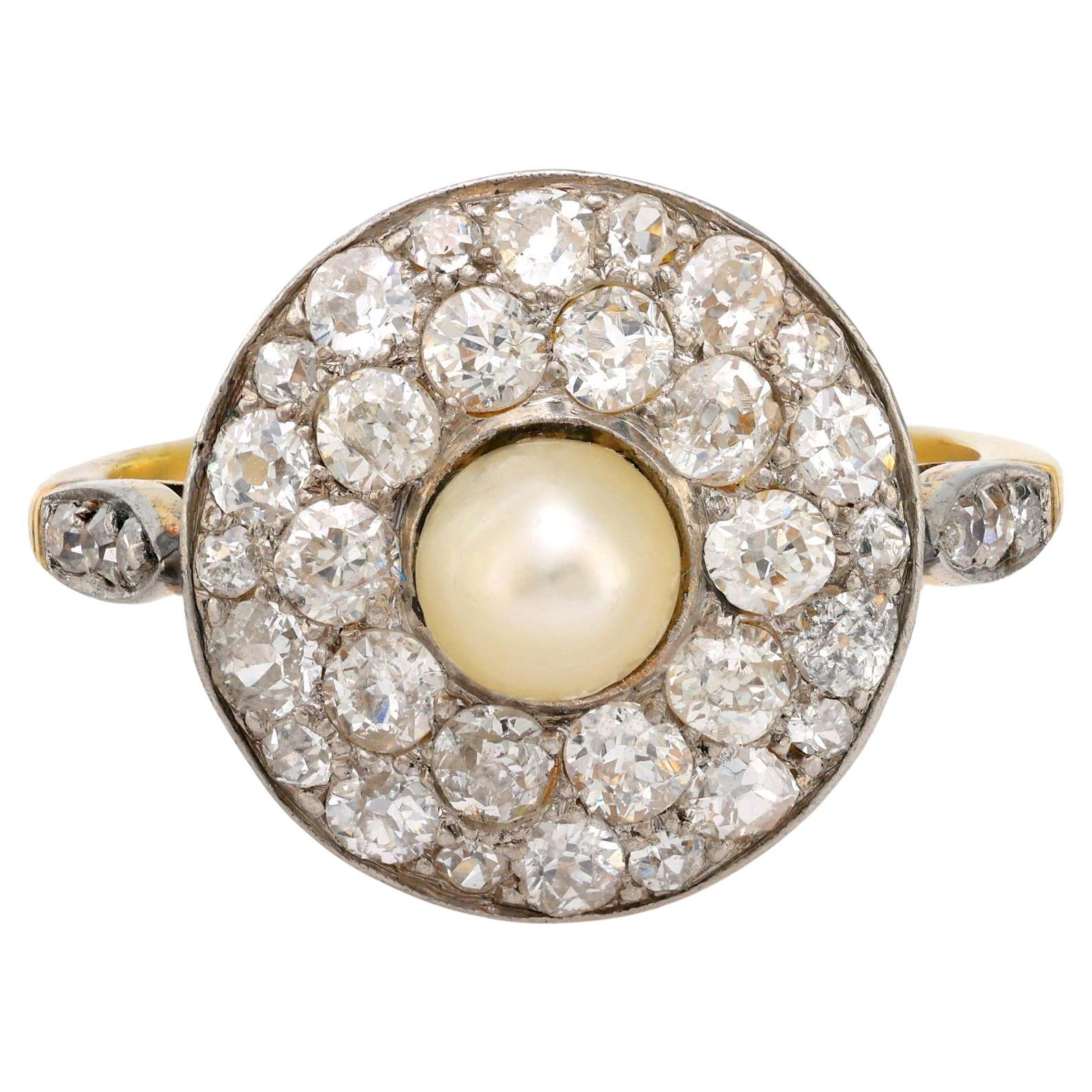 Victorian pearl diamond 18k gold and platinum target ring