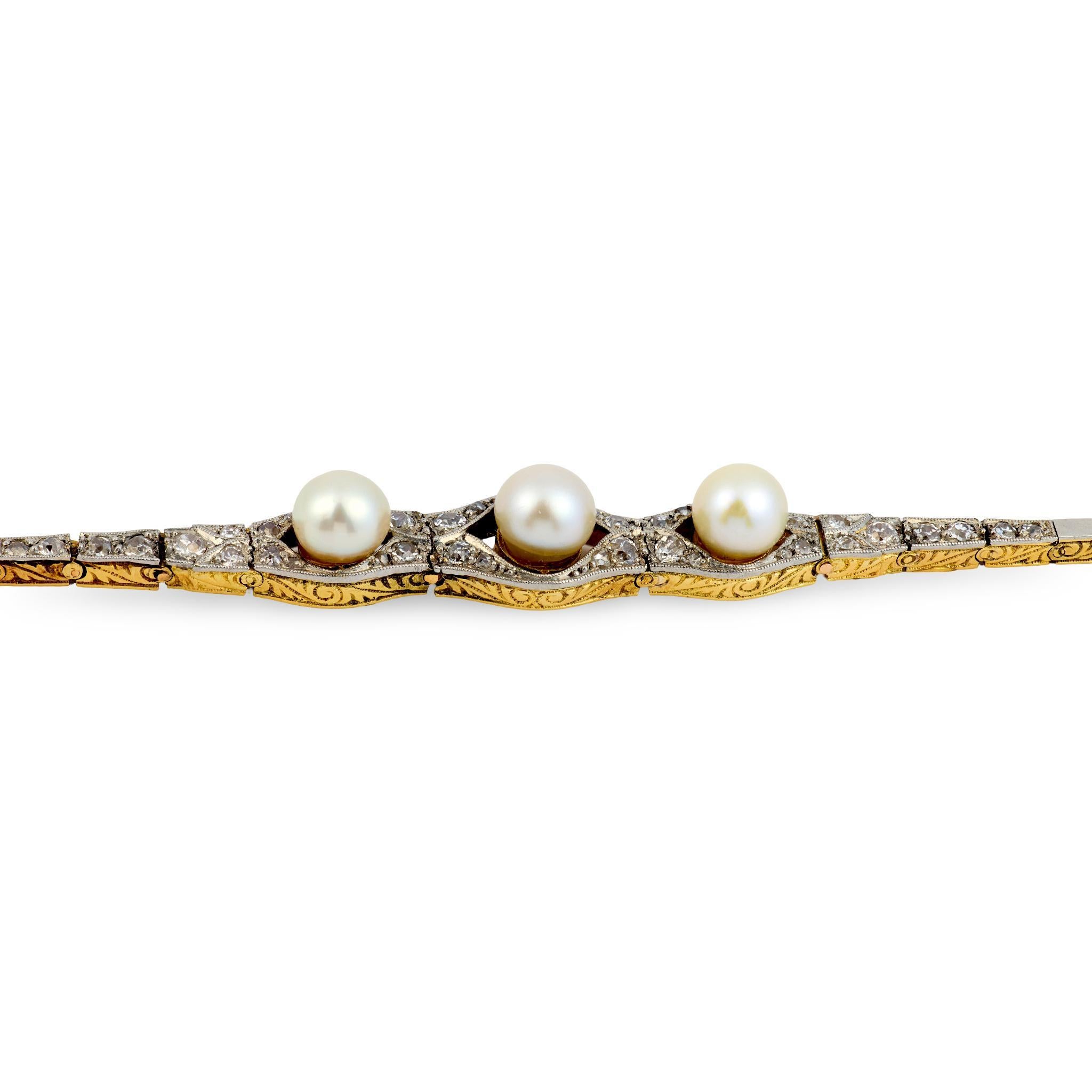 Pulsera victoriana de perlas, diamantes, oro amarillo de 18k y platino Victoriano en venta