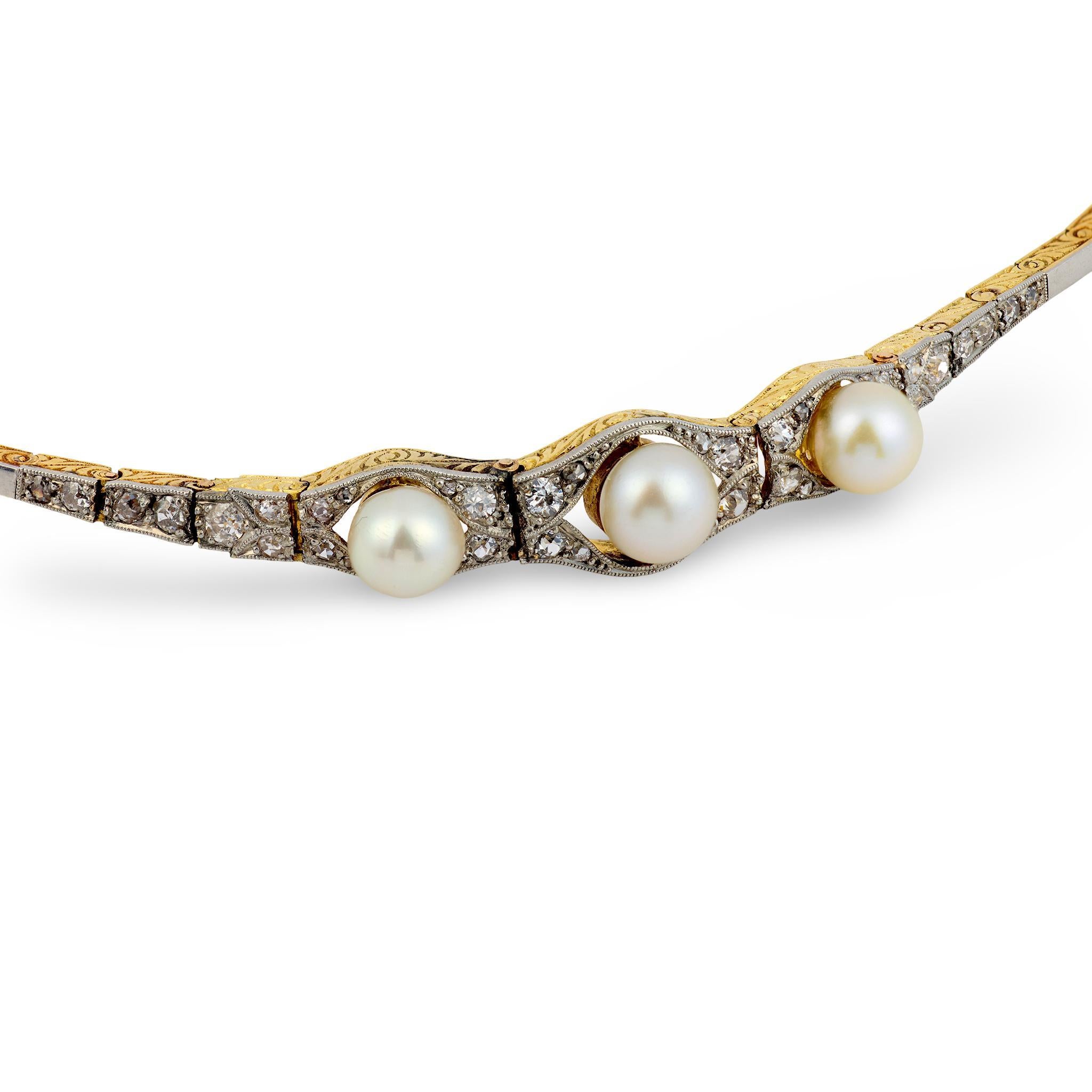 Pulsera victoriana de perlas, diamantes, oro amarillo de 18k y platino Talla antigua en venta