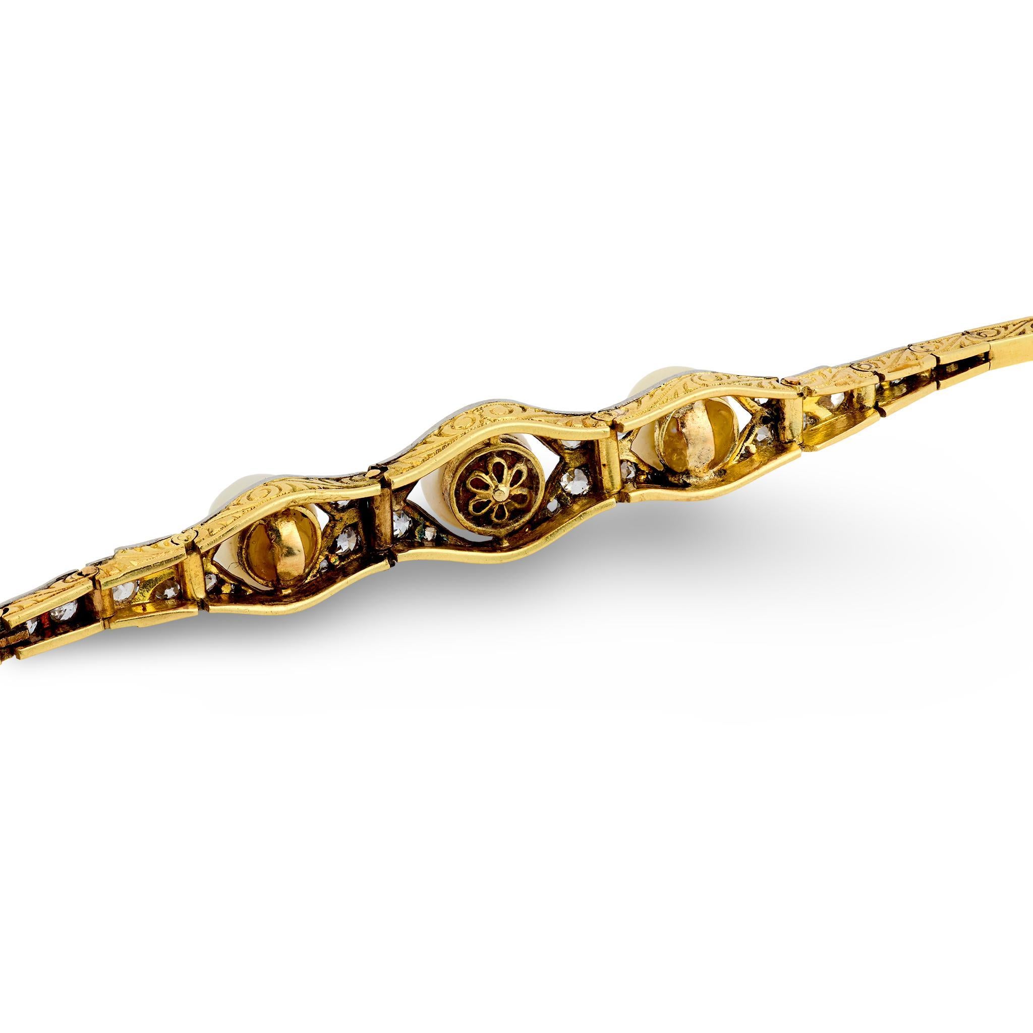 Pulsera victoriana de perlas, diamantes, oro amarillo de 18k y platino en Bueno estado para la venta en Beverly Hills, CA