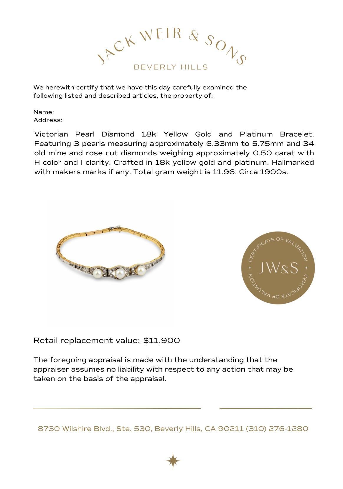 Pulsera victoriana de perlas, diamantes, oro amarillo de 18k y platino en venta 2