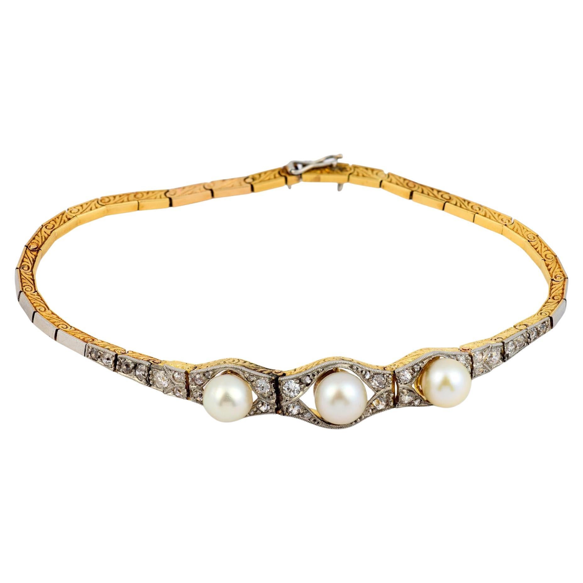 Victorian pearl diamond 18k yellow gold and platinum bracelet