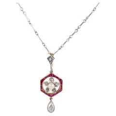 Victorian pearl diamond 18k yellow gold and platinum floral necklace