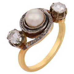 Victorian pearl diamond 18k yellow gold three stone ring