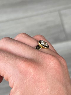 Victorian Pearl, Diamond and Enamel 18 Carat Gold Mourning Ring