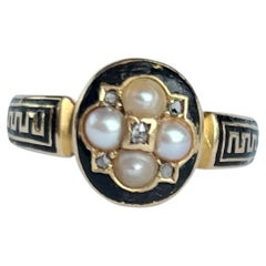 Victorian Pearl, Diamond and Enamel 18 Carat Gold Mourning Ring