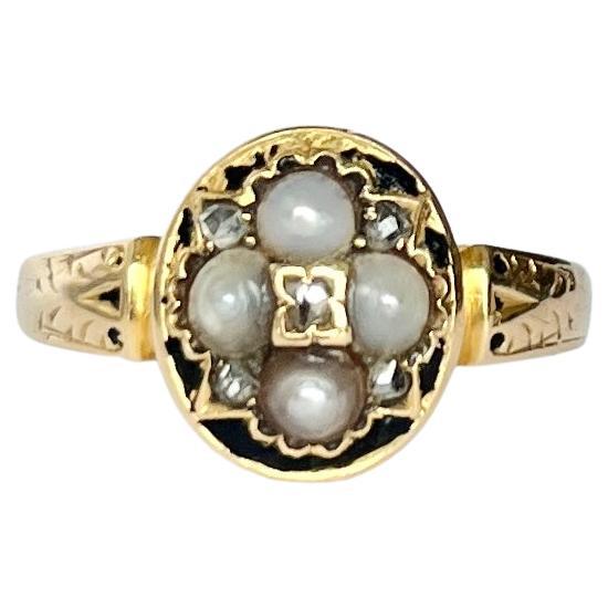 Victorian Pearl, Diamond and Enamel 18 Carat Gold Mourning Ring For Sale