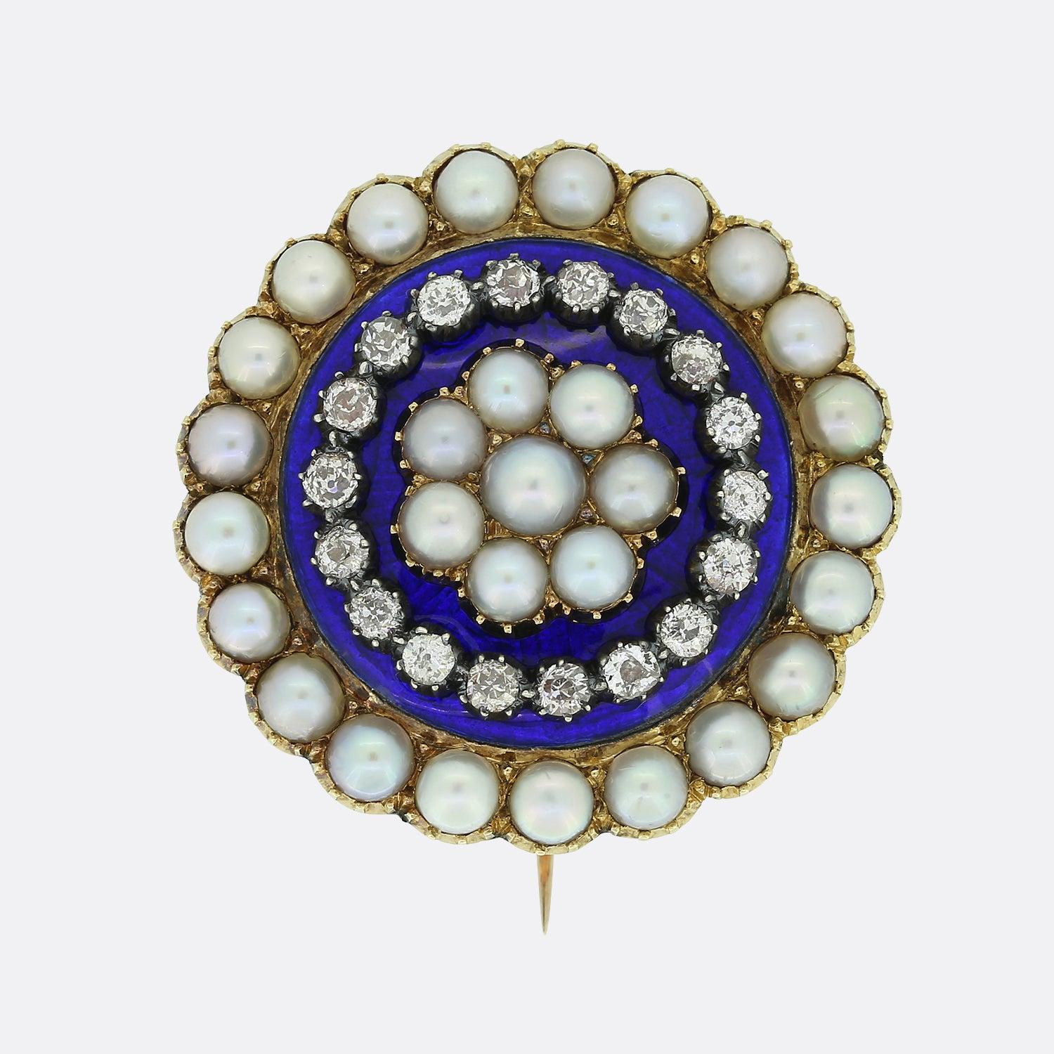 Rose Cut Victorian Pearl, Diamond and Enamel Brooch For Sale