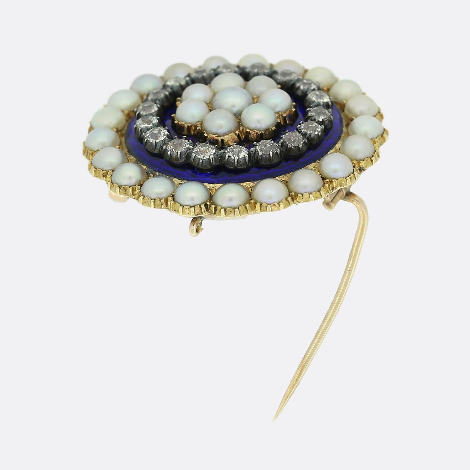 Women's Victorian Pearl, Diamond and Enamel Brooch For Sale