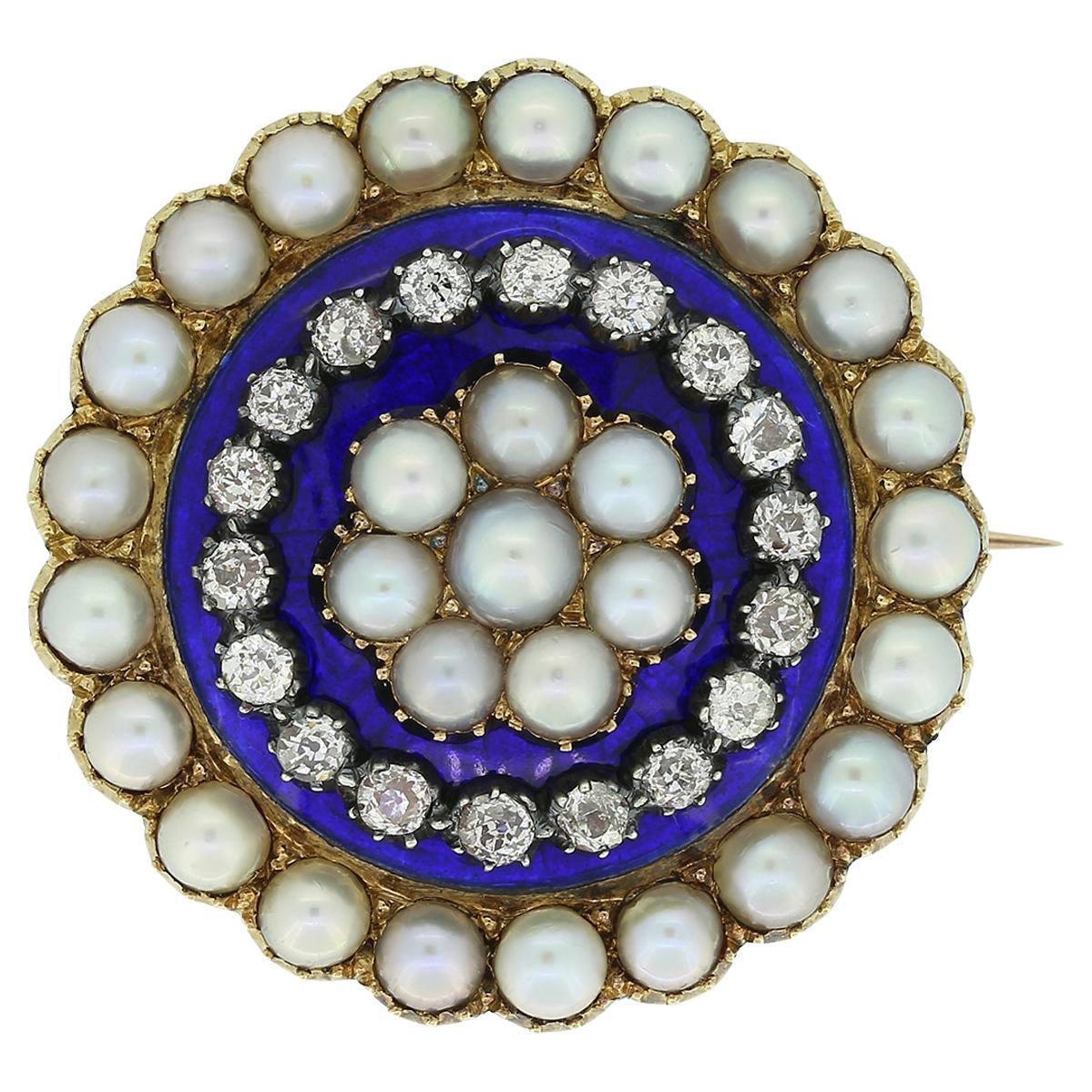 Brosche aus viktorianischem Perlen, Diamanten und Emaille