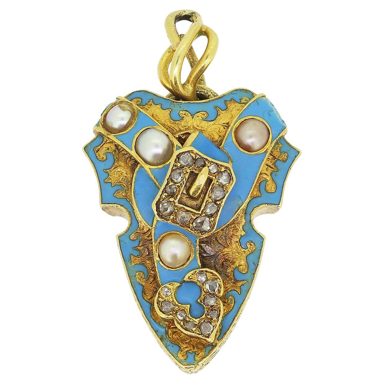 Viktorianische Perle Diamant und Emaille Schnalle Medaillon Anhänger
