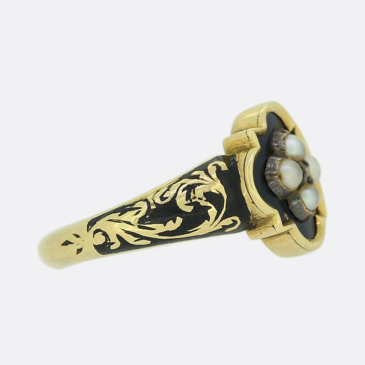 Rose Cut Victorian Pearl, Diamond and Enamel Mourning Locket Ring For Sale